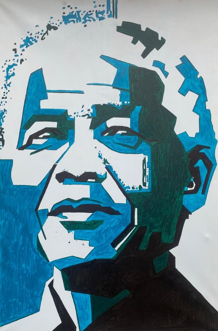 Blue Madiba — Acrylic on canvas, original painting by South African artist Hans Rooseboom