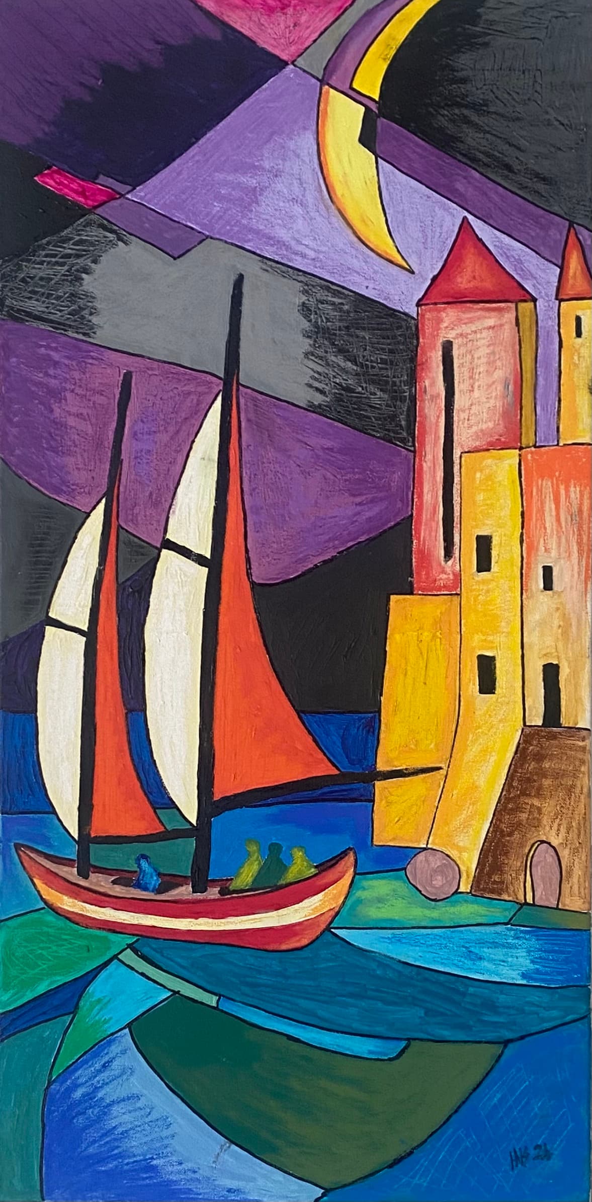 Coast of the Moon — Acrylic and oil pastels on canvas, original painting by South African artist Hans Rooseboom
