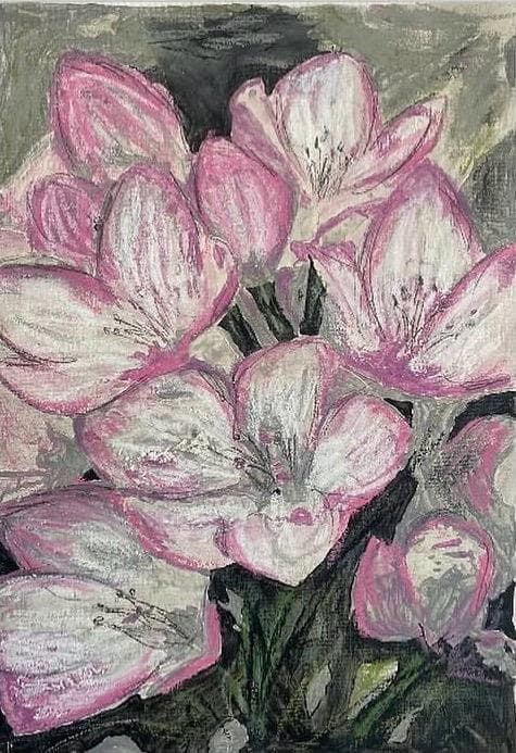 Lillies — acrylic and oil pastels29, original painting by South African artist Hans Rooseboom