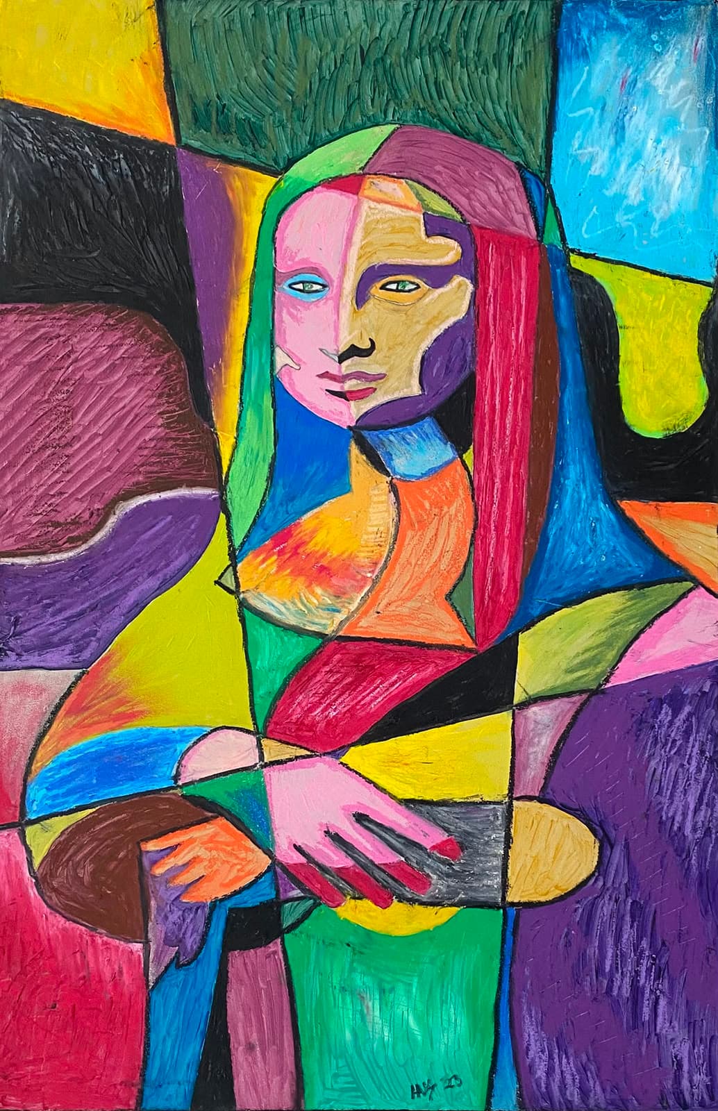 Mona L Revised — acrylic and oil pastels on wood, original painting by South African artist Hans Rooseboom